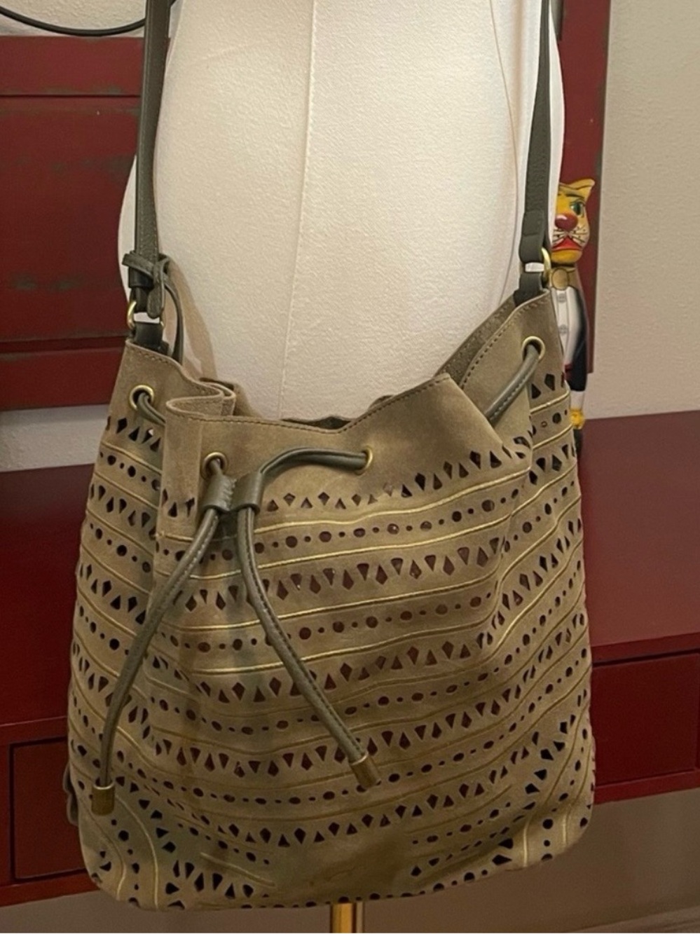 UGG Olive Suede Laser Cut Drawstring Bucket Bag & Zip Pouch